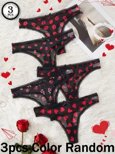 Women's Underwear Set, Cute Playful Touch Bow Heart Strawberry Print Thong Panties, Breathable Mesh Lingerie, Slim Fit Underwear for All Seasons