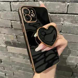 Black Electroplated Heart Stand Phone Case for iPhone 16 15 14 13 12 11 Pro Max XR XS XSMax Solid Color Soft Case, Casing, Cover
