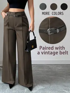 Women's High Waisted Wide Leg Pants with Vintage Belt - Womenswear Elegant Pleated Palazzo Trousers for Office Work & Casual Wear, Multiple Colors