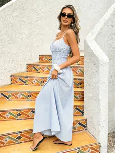 French Summer Blue White Striped Smocked Waist Spaghetti Strap Vacation Maxi Dress, Casual Wear
