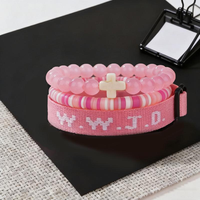 Christian Cross WWJD Bracelet Set, 3Pcs WWJD Braided Rope Bracelet Cross Crystal Beads Stretch Bracelets for Women & Men, Trandy All-match & Exquisite Jewelry for Birthdays Party Gifts