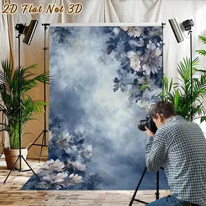 1PC Vintage Blue Floral 2D Flat Backdrop Banner - Polyester Reusable Oil-Painting Style Photo Curtain, Home & Festive Party Decoration Prop for Birthday, Wedding Scene Layout