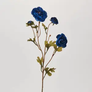 Blooming Dark Blue Ranunculus Spray Single Faux Floral Stem - 26"
