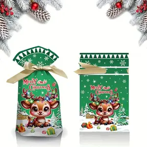 50pcs Christmas Drawstring Gift Bags, Festive Cartoon Design, Plastic Party Favor Pouches with Ribbons for Holiday Presents