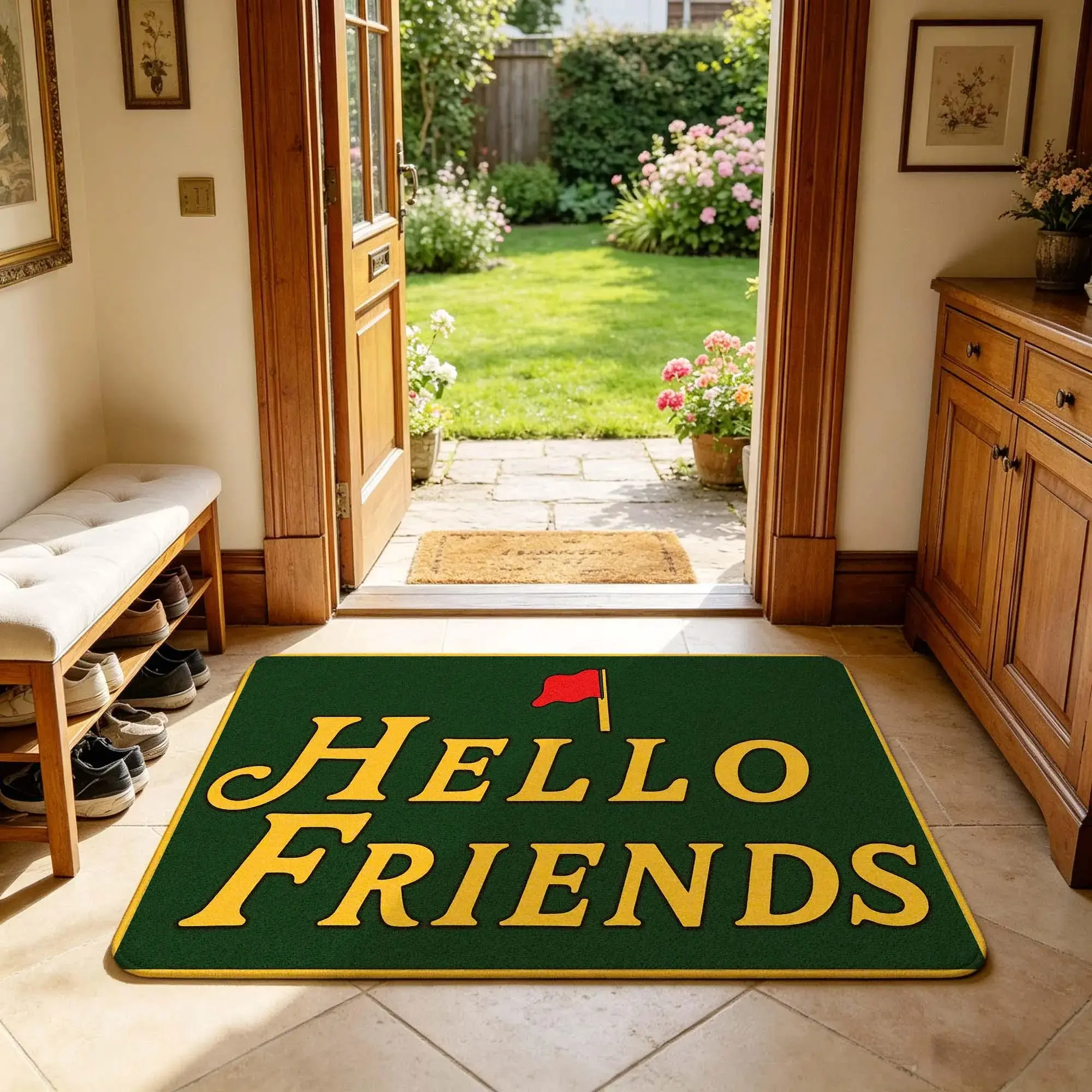 Hello Friends Doormat, Non Slip Absorbent Indoor Rug, Welcome Floor Mat with Red Flag for Entryway, Kitchen, Bathroom and Home Decor.