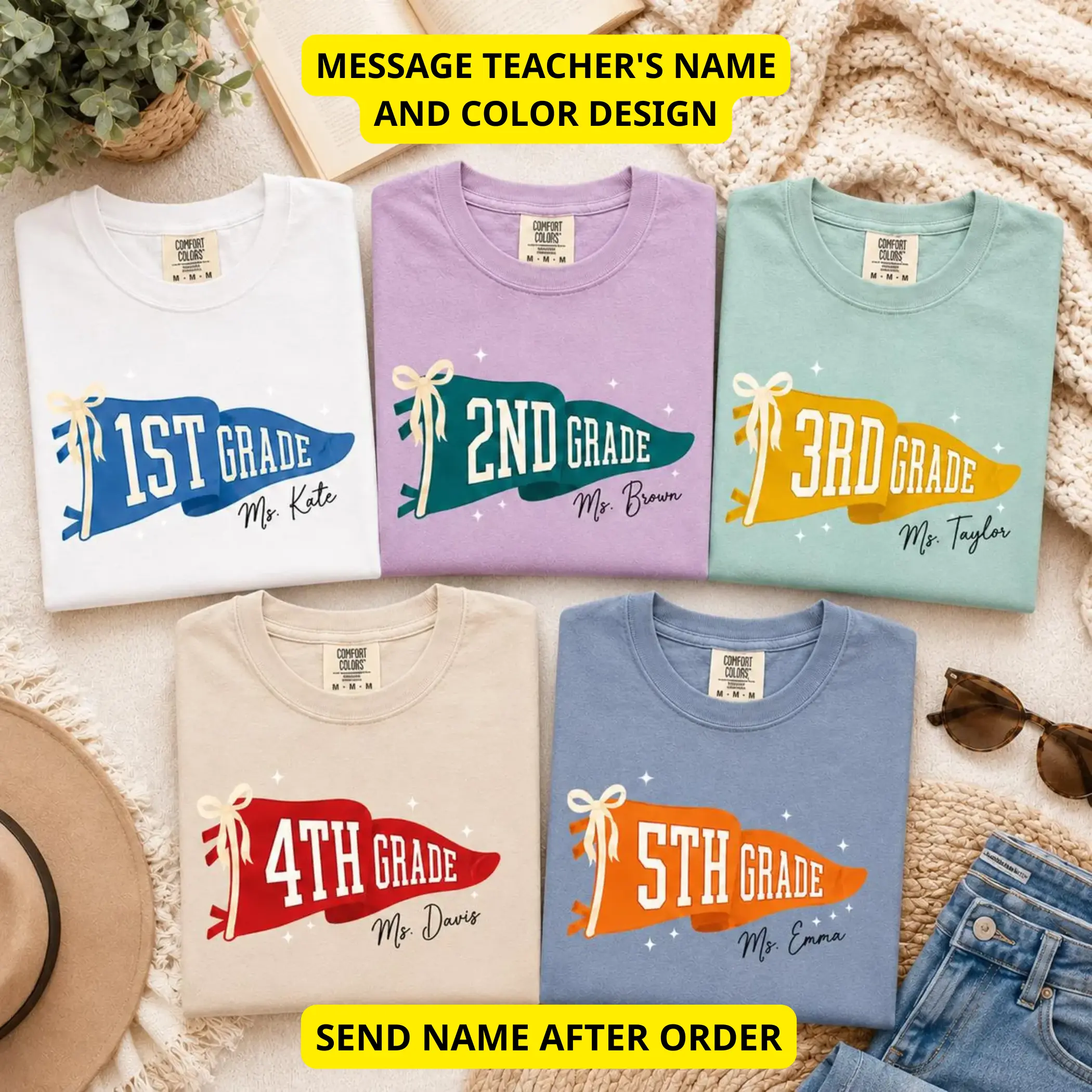 Custom Grade Level Teacher Shirt, Personalized Pennant Flag Comfort Colors Tee, Back To School Teacher Team Shirt Gift - By Thanya LLC