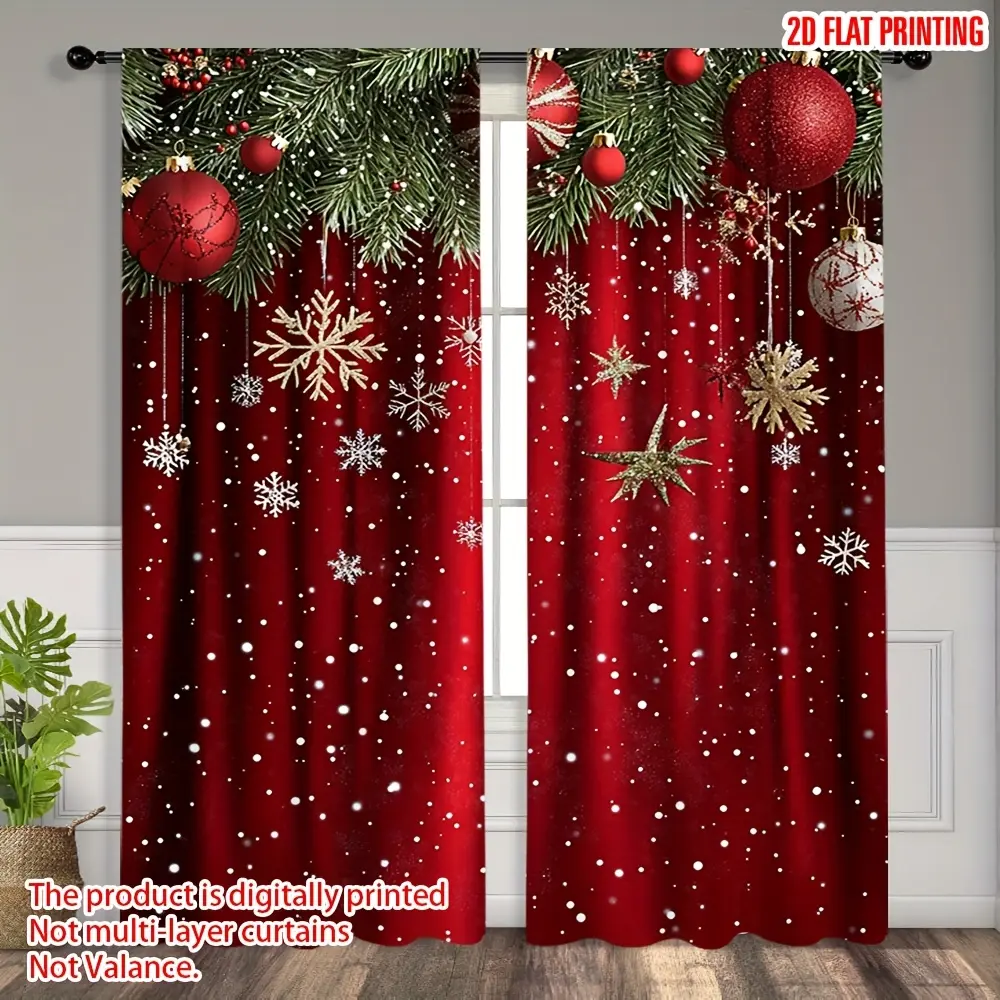 2-Pack, 2D flat,Christmas pine branch snow print curtains, Window decorations supplies, rod pocket design,suitable for home decoration, adding style and warmth and comfort, festive atmosphere