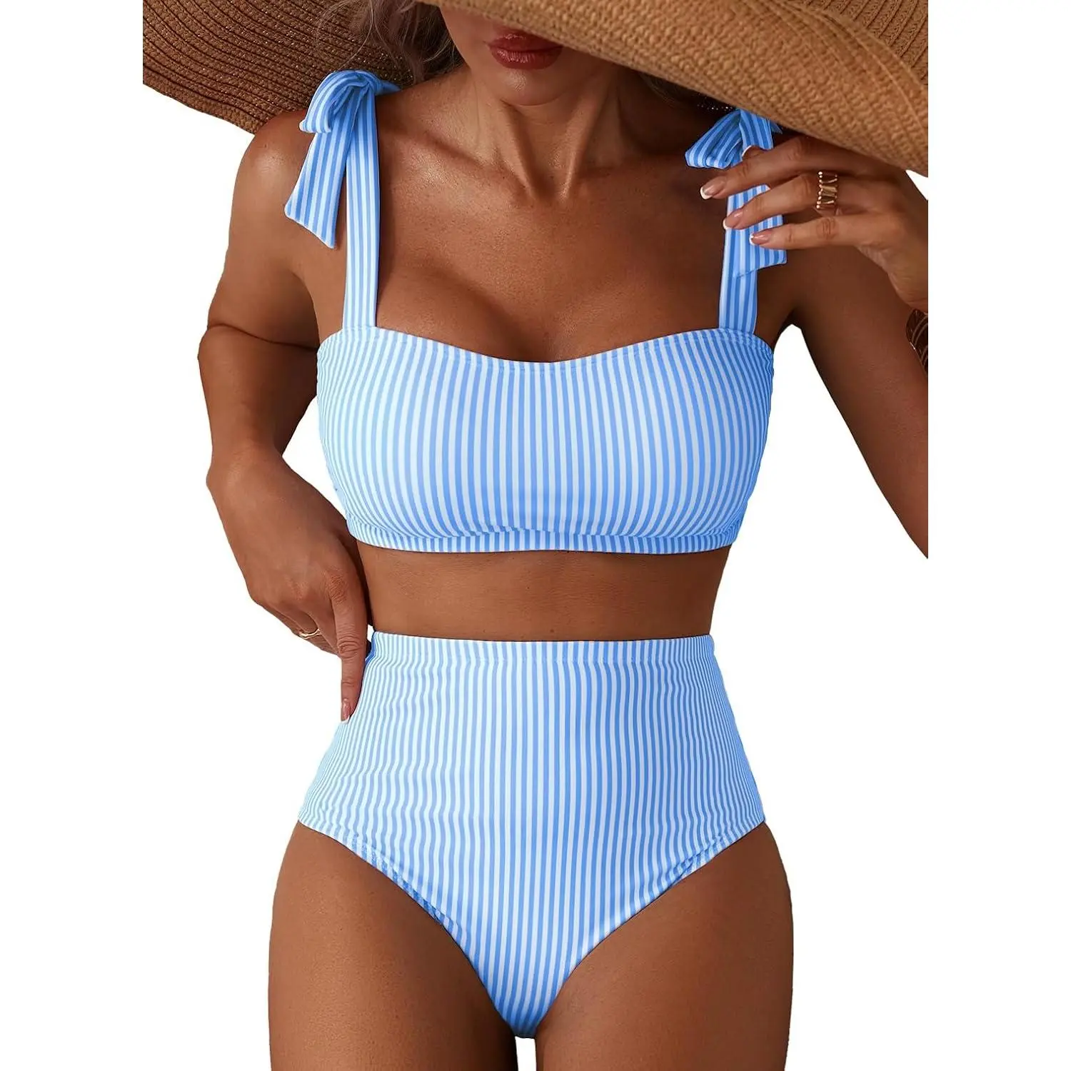 Women's Tie Shoulder Bikini Sets 2 Piece High Waisted Swimsuits | Removable pads,tummy control bathing suits,adjustable strap,full coverage,beach vacation outfits,cruise essentials
