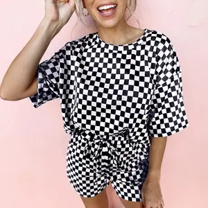 Black Checkered Top and Short Casual 2pcs Set