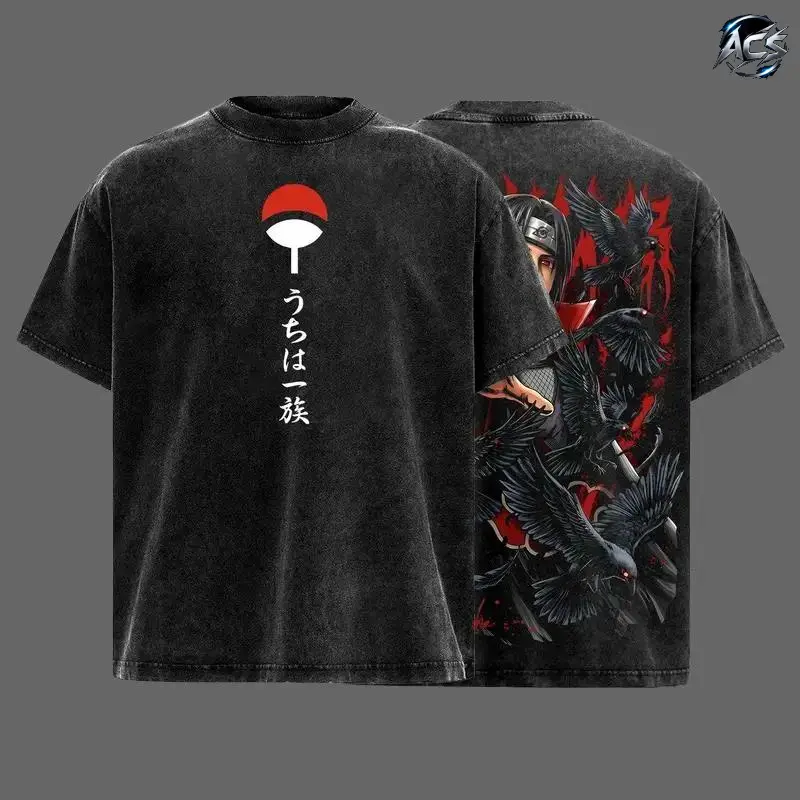 Uchiha Clan Slayer Red Eye Clan Crow Illusion Shinobi Anime Vintage Washed Oversized Graphic Tee Dark Ninja Streetwear Shirt