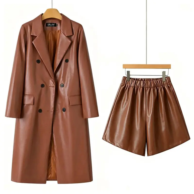 Women’s PU Faux Leather Trench Coat and Shorts Two Piece Set, Long Sleeve Belted Longline Jacket with Matching Bermuda Shorts, Business Casual Fall Outfit for Office, Streetwear and Going Out S-3XL