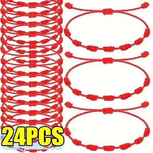 24Pcs Adjustable Red Rope Handmade 7 Knots Bracelets Classic Stackable Wristband Couples Friends Fashion Bracelets Accessory Set Red Rope Lucky Women/Men Chain Set