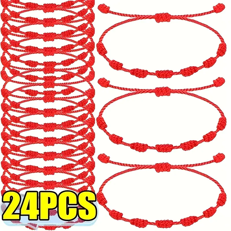 24Pcs Adjustable Red Rope Handmade 7 Knots Bracelets Classic Stackable Wristband Couples Friends Fashion Bracelets Accessory Set Red Rope Lucky Women/Men Chain Set