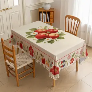 Apple Floral Border Printed Tassel Tablecloth, Pastoral Retro, For Dining Room, Kitchen, Bakery, Warm & Versatile
