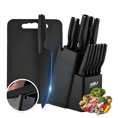 XBJ Premium 15-Piece Thick Stainless Steel Complete Kitchen Tool Kit Knife Block Set with Built-in Sharpener, Black Plastic Block, Washable Handles, Cutting Utensils - Chef, Japanese, Meat Cleaver, Bread, Steak Knives & Scissors, Long-Lasting Sharp Edge