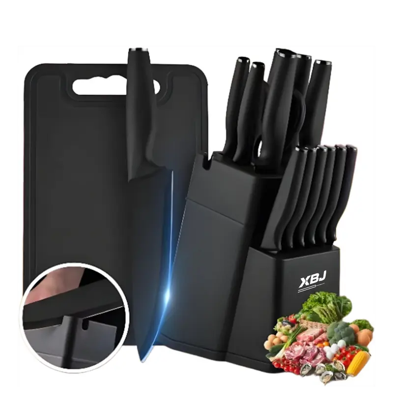 XBJ Premium 15-Piece Thick Stainless Steel Complete Kitchen Tool Kit Knife Block Set with Built-in Sharpener, Black Plastic Block, Washable Handles, Cutting Utensils - Chef, Japanese, Meat Cleaver, Bread, Steak Knives & Scissors, Long-Lasting Sharp Edge