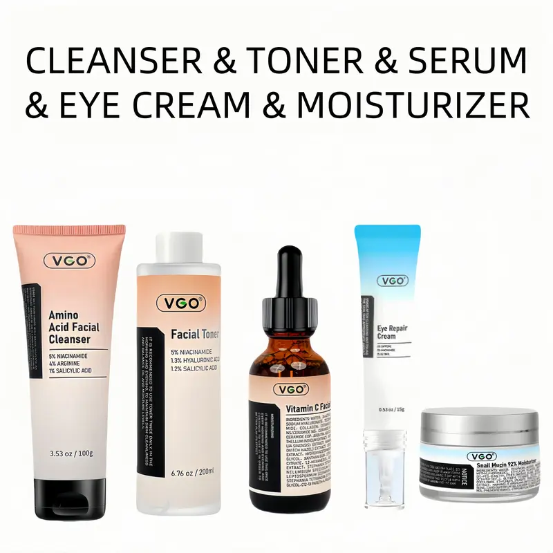VGO Skincare Unisex 5-Step Vitamin C Kit - Gentle Foam Cleanser, Facial Serums, Face Moisturizer with Aloe Barbadensis Leaf Water, Cleansing, Moisture, Skin Repair, Pore Correction, Anti-Aging, Acne Care, Lightweight Daily At-Home/Travel Essentials