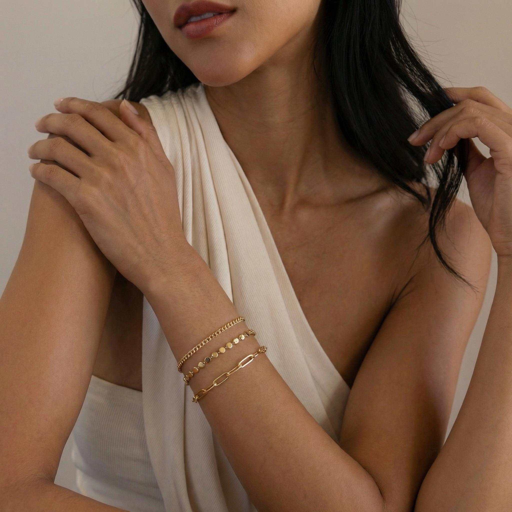 MYTYS Three Piece Stackable Mixed Chain Link Bracelet Set in Gold Color for Women Elegant Design Versatile Wear