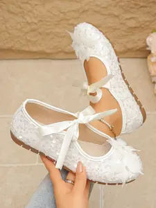 Vintage Women's Lace Bow Knot Embroidered Hollow Out Flats Shoes, Floral Decor, Flower, Breathable Comfort, Soft Sole, Casual Party Wear, Wedding Shoes