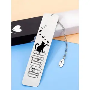 [New Stainless Steel Cartoon Cat Engraved Bookmark Pendant - Butterfly Theme Design, Thoughtful Gift For Teachers / Classmates]