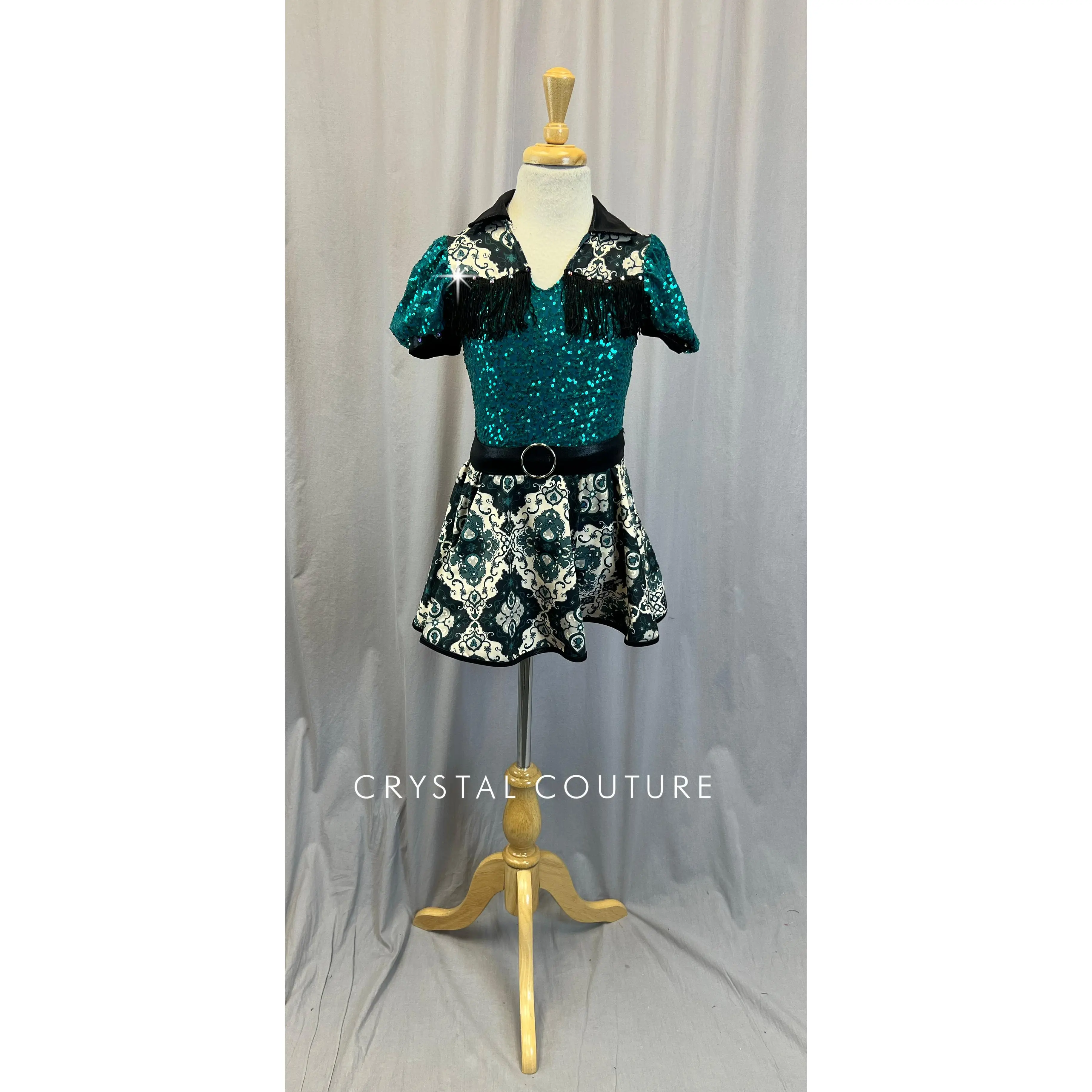 Turquoise, Black, and Cream Western Dress - Rhinestones