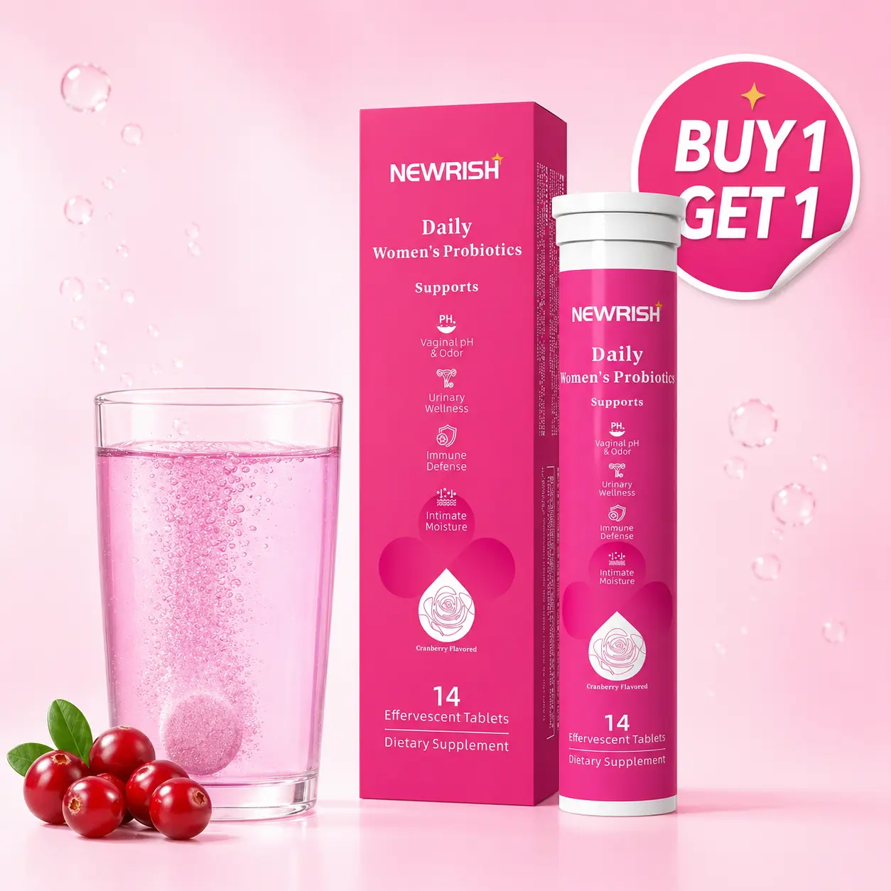 Newrish Women's Vitality Probiotic Effervescent Tablets-Prebiotics in one with Lactic Acid Bacteria Probiotics Compound Formula Designed for Women's pH Balance and Relieving Drying, Cranberry Flavor