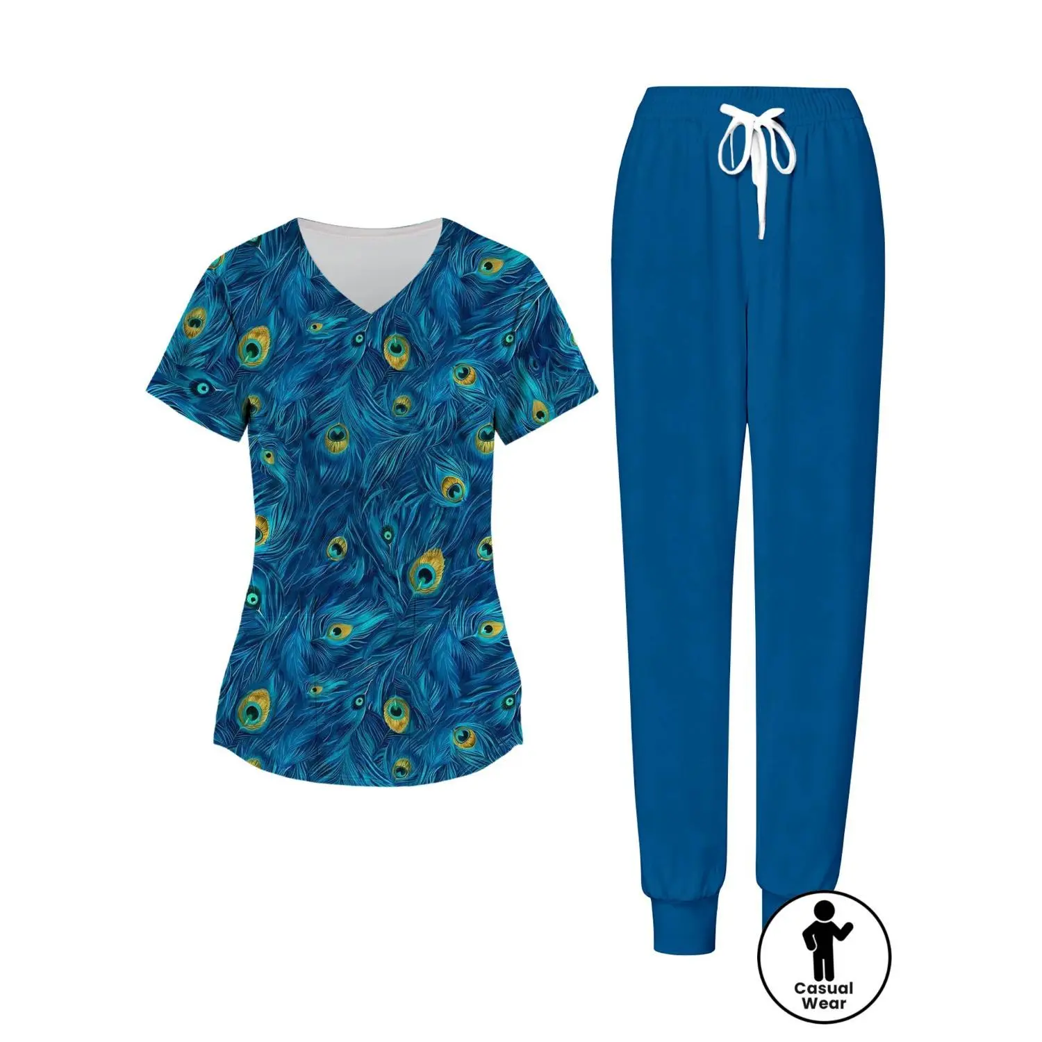 Peacock Design Ladies' Two-Piece Casual Set with V-Neck Top and Pants - Ideal for Workwear