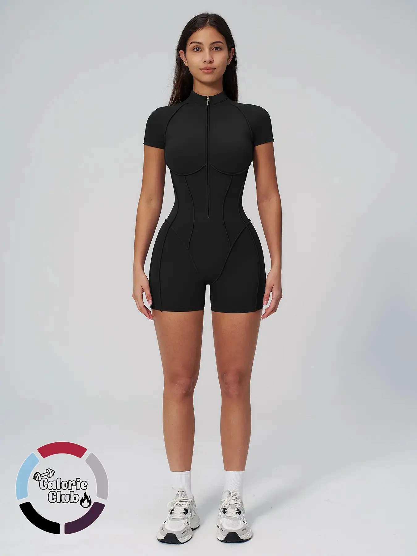 Women's Sporty Half-Zip Mock Neck Shapewear Short Sleeve Shorts Jumpsuit Professional Style, Workout Shaping Casual Slim-Fit Below the Knee for All Seasons, Premium Quality, Pocket Utility, Training Clothes
