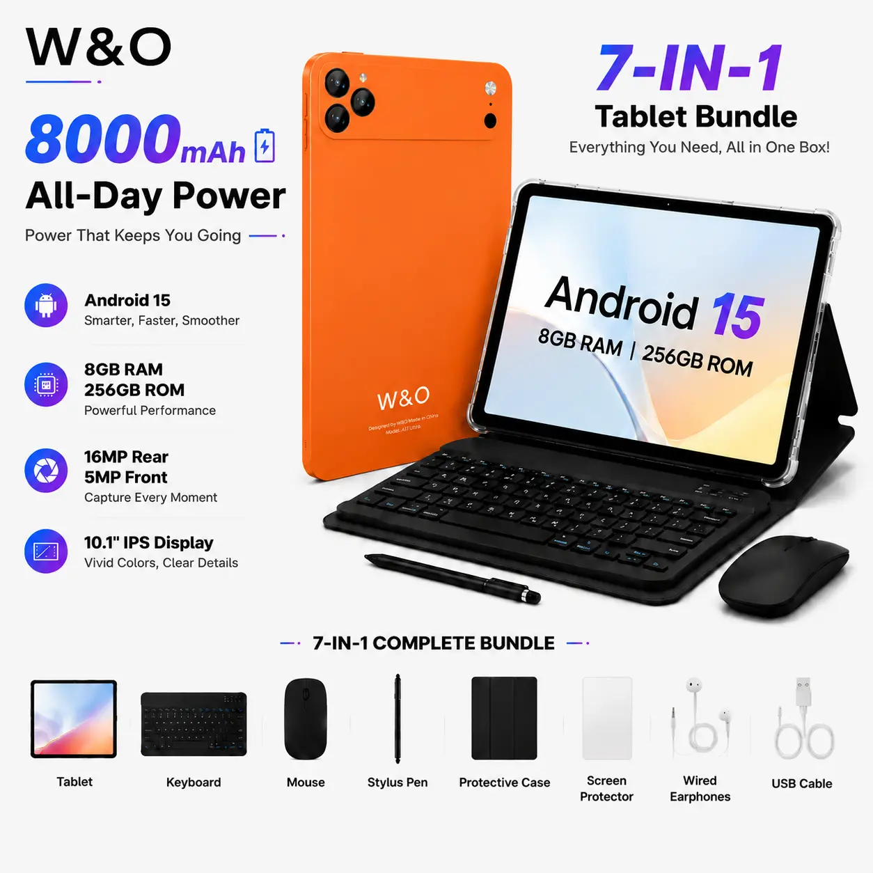 W&O X17 Ultra 7-in-1 Tablet Bundle, 10.1" Android 15 Tablet, 8GB RAM + 256GB ROM, Keyboard Mouse Stylus Case Included, 16MP Rear + 5MP Front Camera, 8000mAh Battery, Portable Tablet for Students, Work, Online Classes & Entertainment