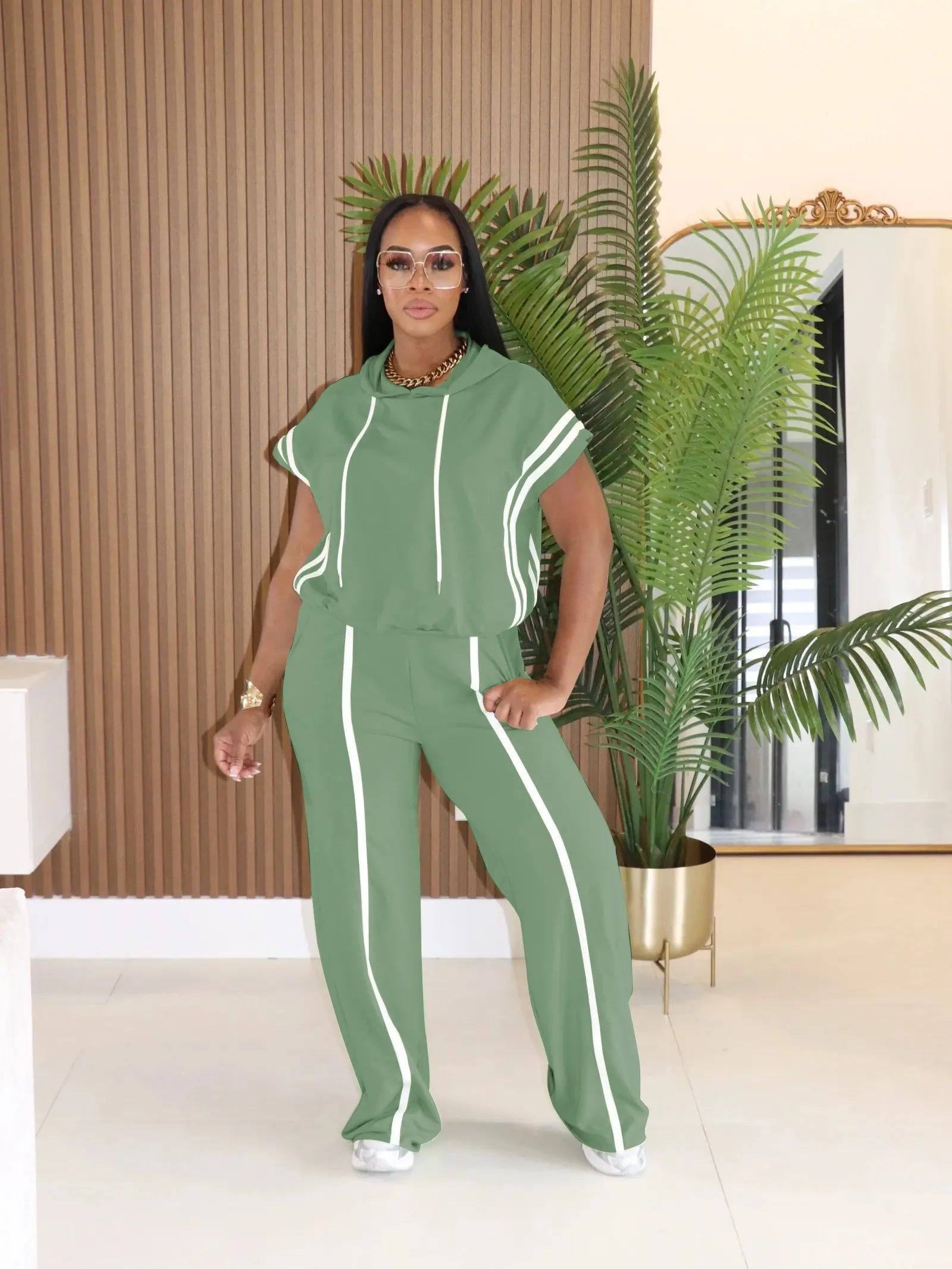 USBoutiqueCHIC Women's Spring Summer Hooded Top & Lounge Pants Set 531GSM Oversized Loungewear 8-Color Comfort Wear Collection Blue with White Stripes