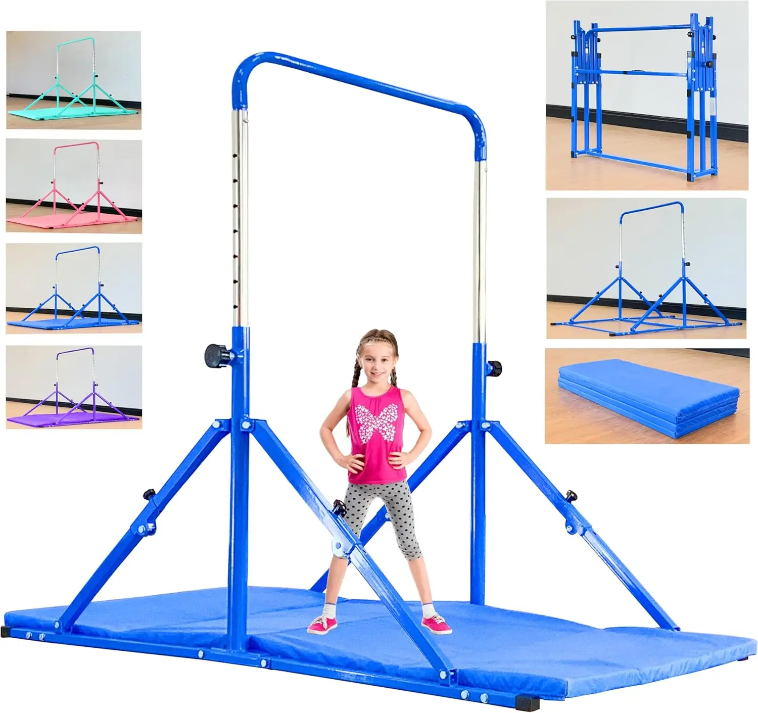 Foldable Gymnastic Bar for  Ages 3-12, 9 Height Levels, 200 lbs Weight Capacity, 5 Ft Length Gymnastic Kip Bar with Mat, Gymnastic Equipment for Home and Gym Center Indoor Outdoor Use