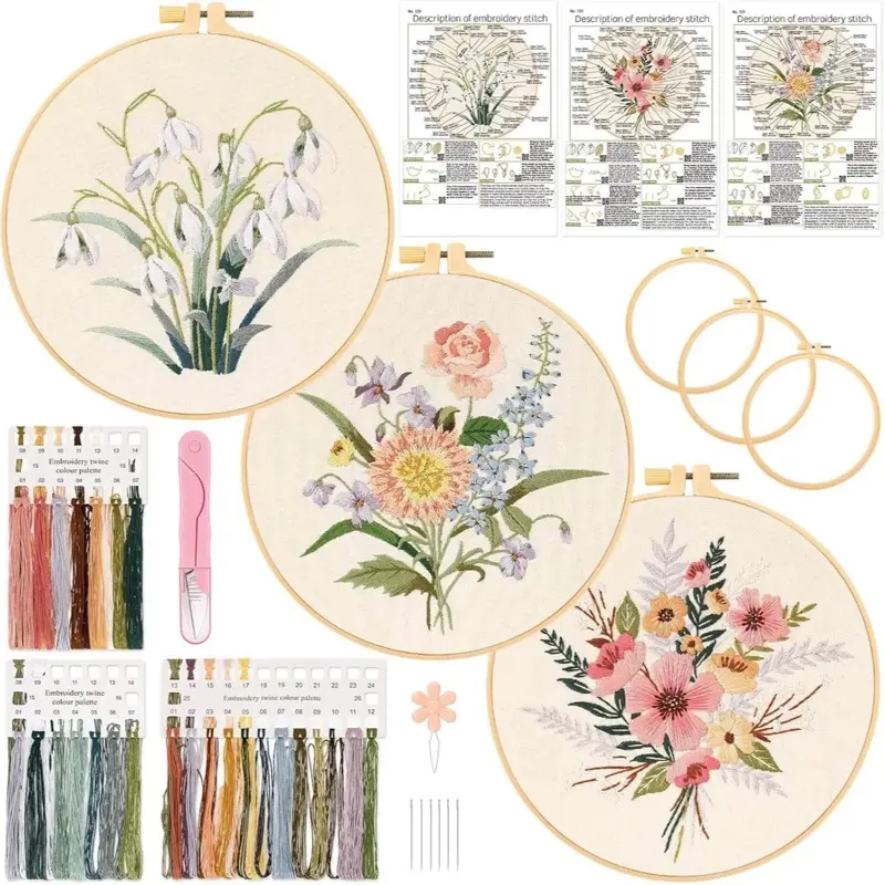 Floral Embroidery Kit for Beginners – 3 Pack Cross Stitch Starter Set with Hoops, Thread & Stamped Patterns