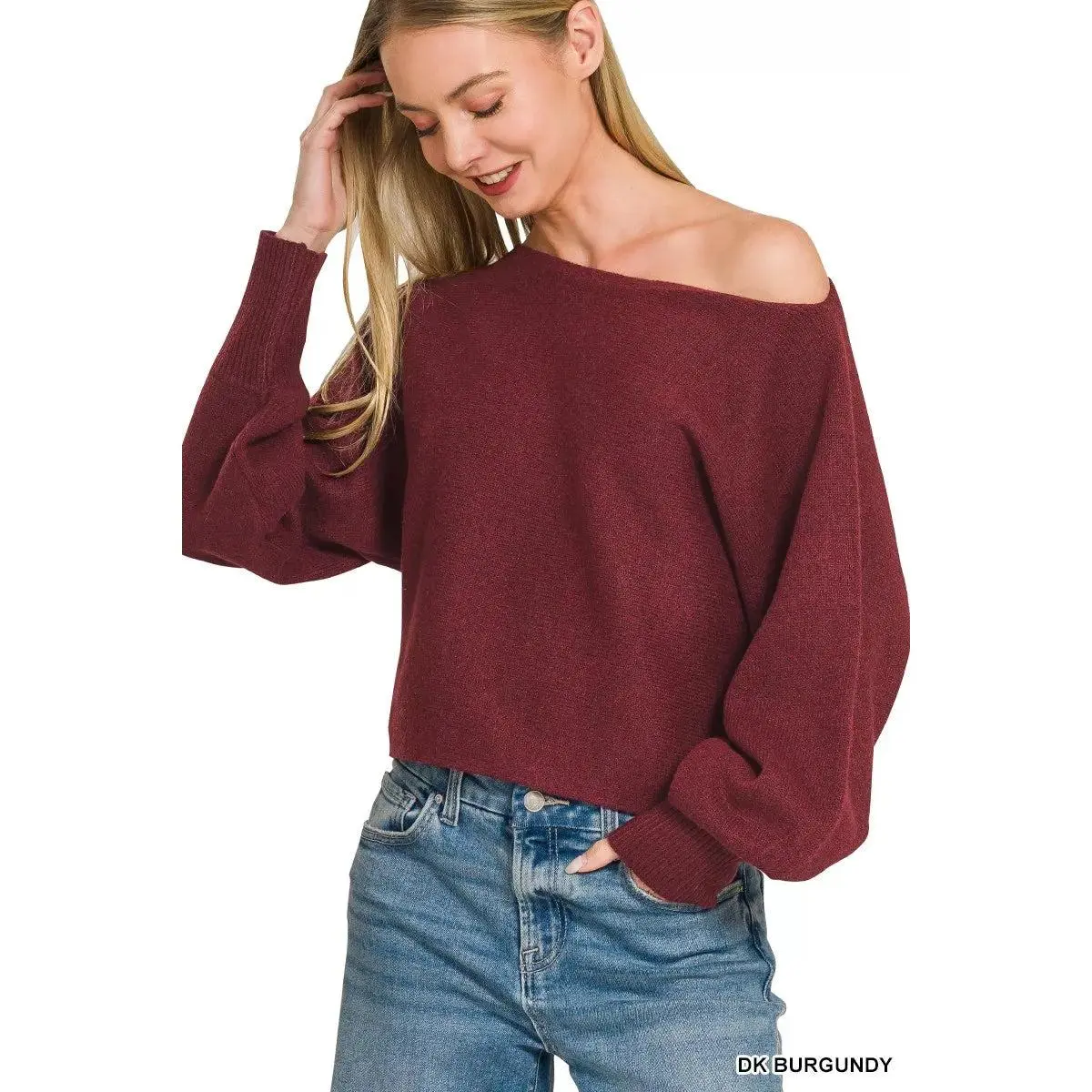 Women's Zenana Knitwear, Lightweight Boat Neck Balloon Sleeve Sweater, Casual Wear for Everyday Fit, Stretchy, Elegant, Comfortable, Soft, Tops, Ribbed Texture, Coffee Dates, Pants, Polyester, Relaxed Fit