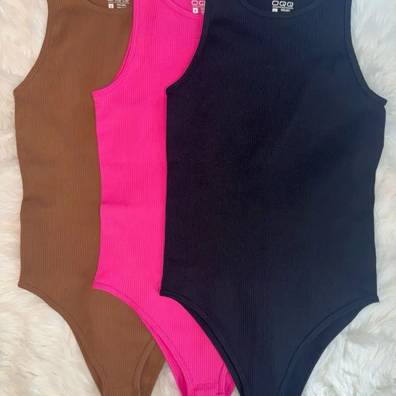 OQQ Women's Bodysuits Sexy Ribbed One Piece Sleeveless Halter Neck Tops Leotard Summer Trendy