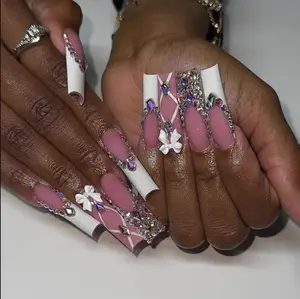 Hand-Painted Coquette Bling Press On Nails, 3D Bow & Rhinestone Nail Art Set Pink and White Corset, Luxury Vibe Gif For Her, Wedding & Birthday Party Gif