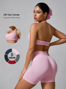 Women's 2-Piece Sportswear Set, Removable Padding Halter Top & High-Waisted Shorts, Breathable Yoga Gym Clothes, Workout Running Clothes, Workout Running Outfits