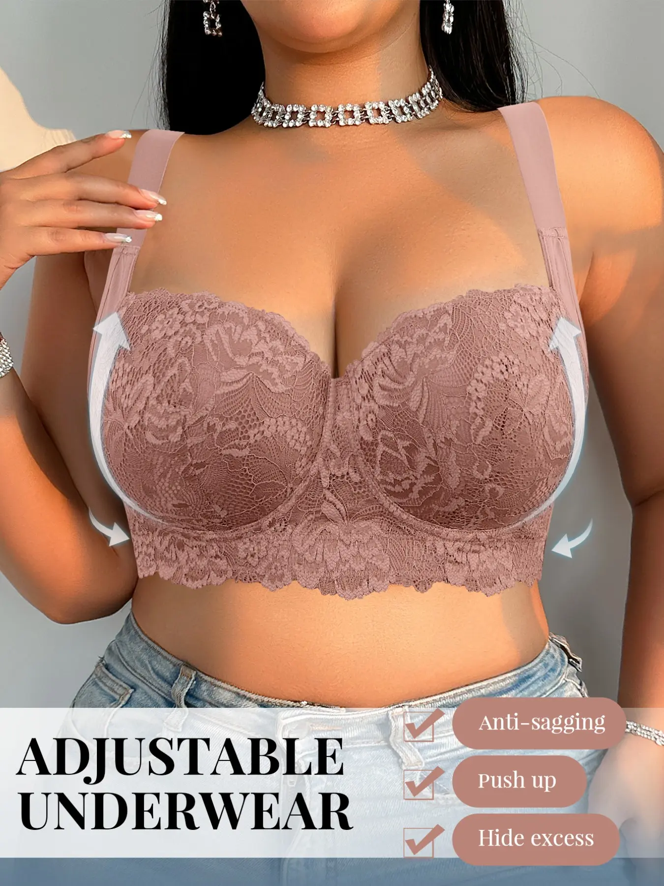 Women's Plus Size Lace Elegant Underwire Push-Up Shaping Bra Anti‑sagging Minimizer Bra Wide Underband Breathable skin Comfortable Adjustable Wide Straps, Everyday Wear Lift Shape Bra