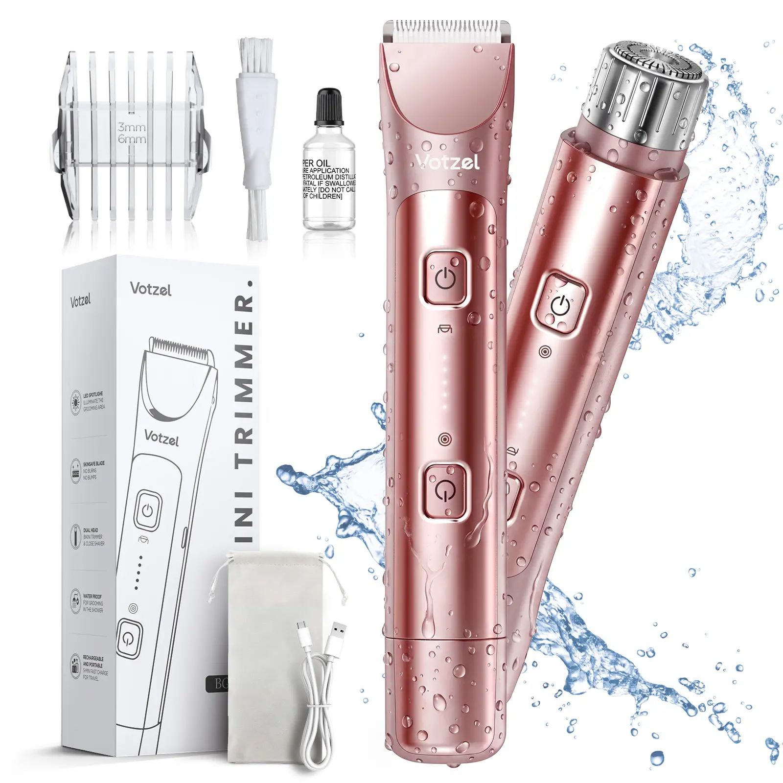 Bikini Trimmer for Women, Dual-Head All-in-One Electric Razors, Painless Electric Razors for Silk Skin, Rechargeable Body Hair Trimmer Electric Shaver for Legs Body Hair, Cordless Waterproof, Pink