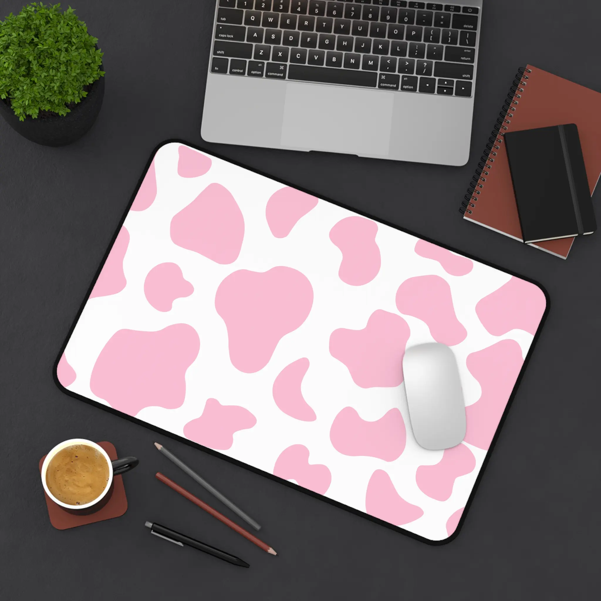 Strawberry cow desk mat – Pink & White, Kawaii desk accessory for Girly workspace