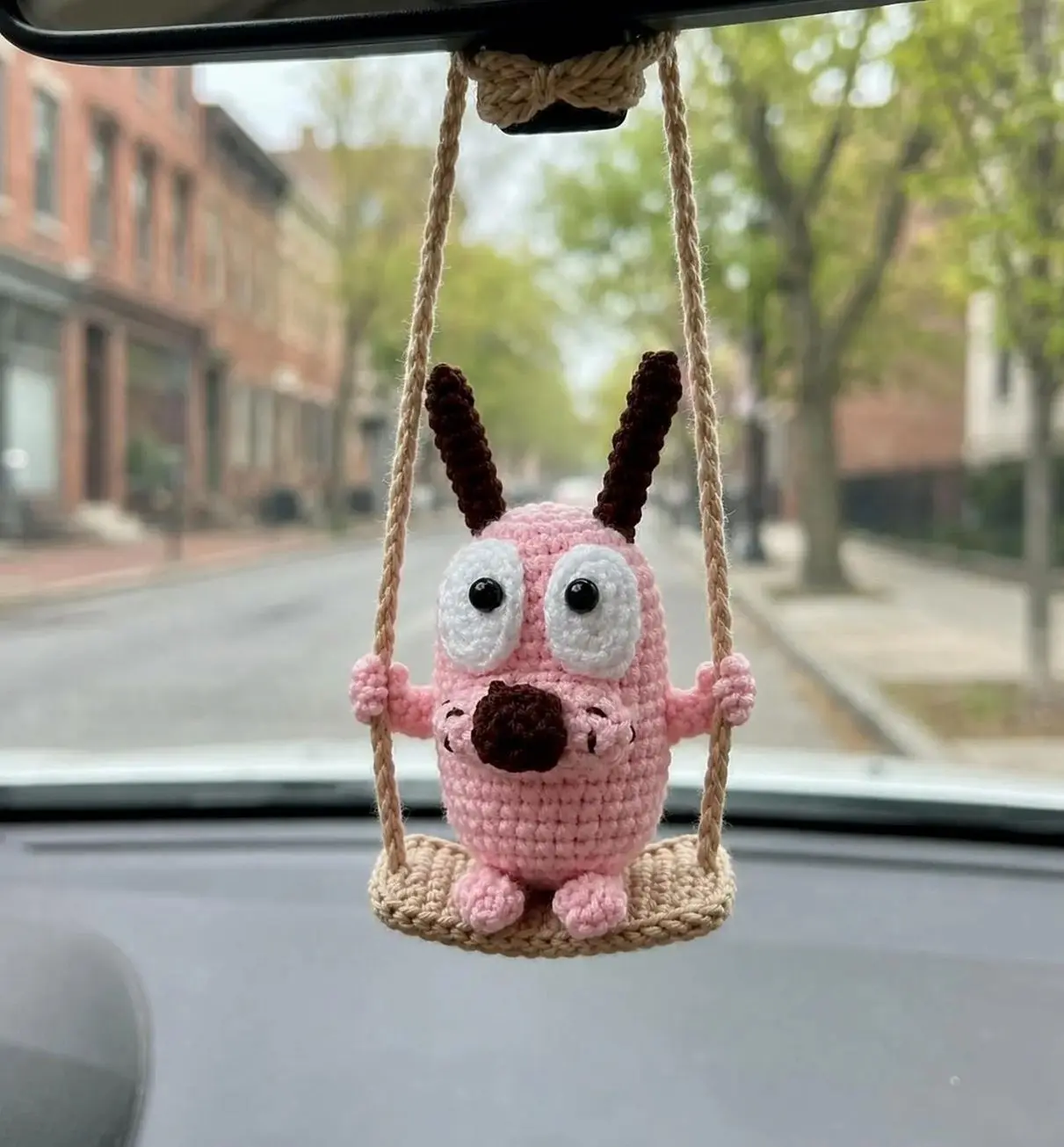Crochet Scared Pink Dog Car Hanging - Cute Rearview Mirror Hanging, Handmade Amigurumi Dog, Funny Gift for Him Her, Car Accessories