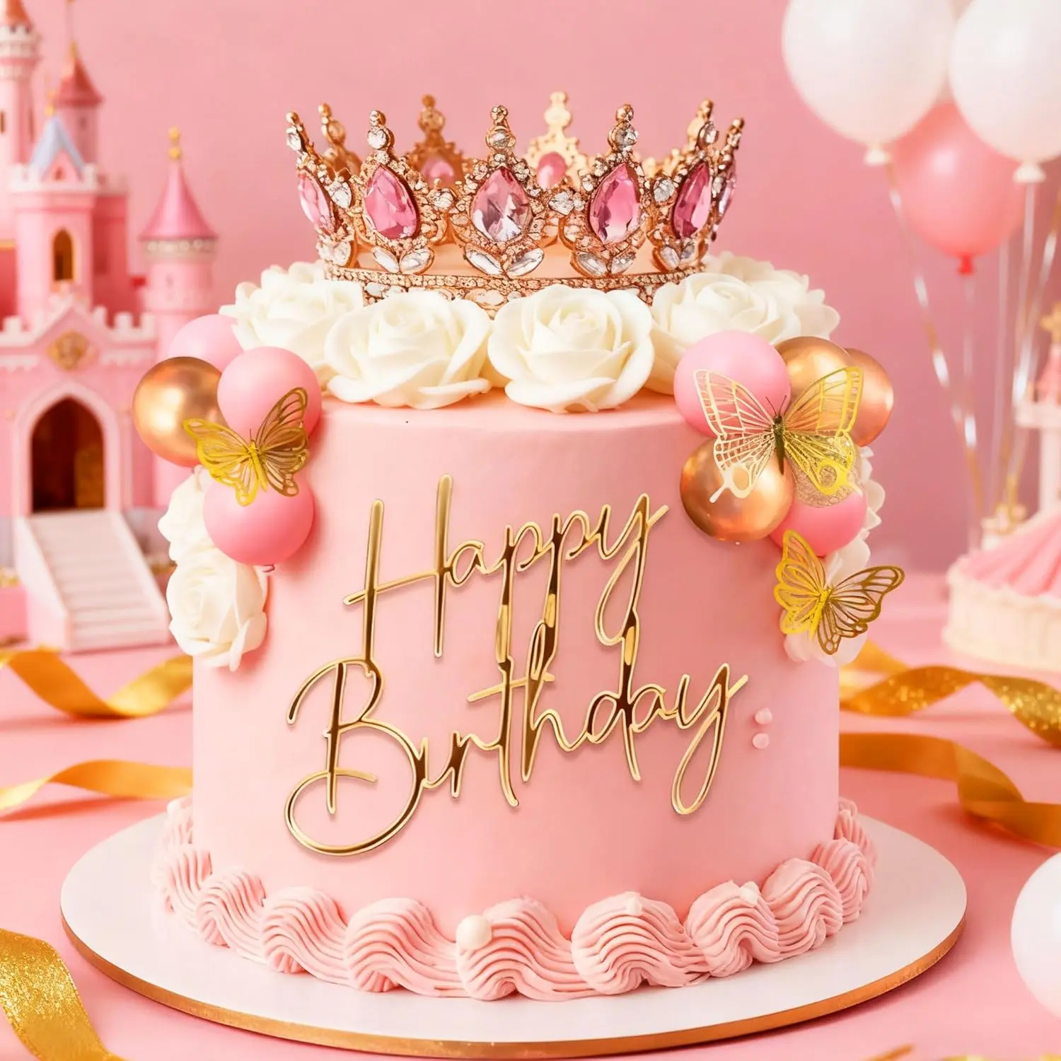 Pink Crown Cake Topper, Gold Balls Cake Decor, Gold Butterfly Sign & Birthday Candles for Birthday, Baby Shower (Home & Festive Party Supplies) Cake Decoration