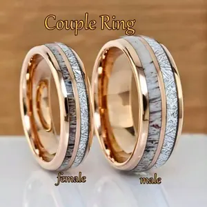 Fashionable and luxury stainless steel wedding rings with faux meteorite and deer antlers, rose gold wedding rings for wedding anniversary for couple