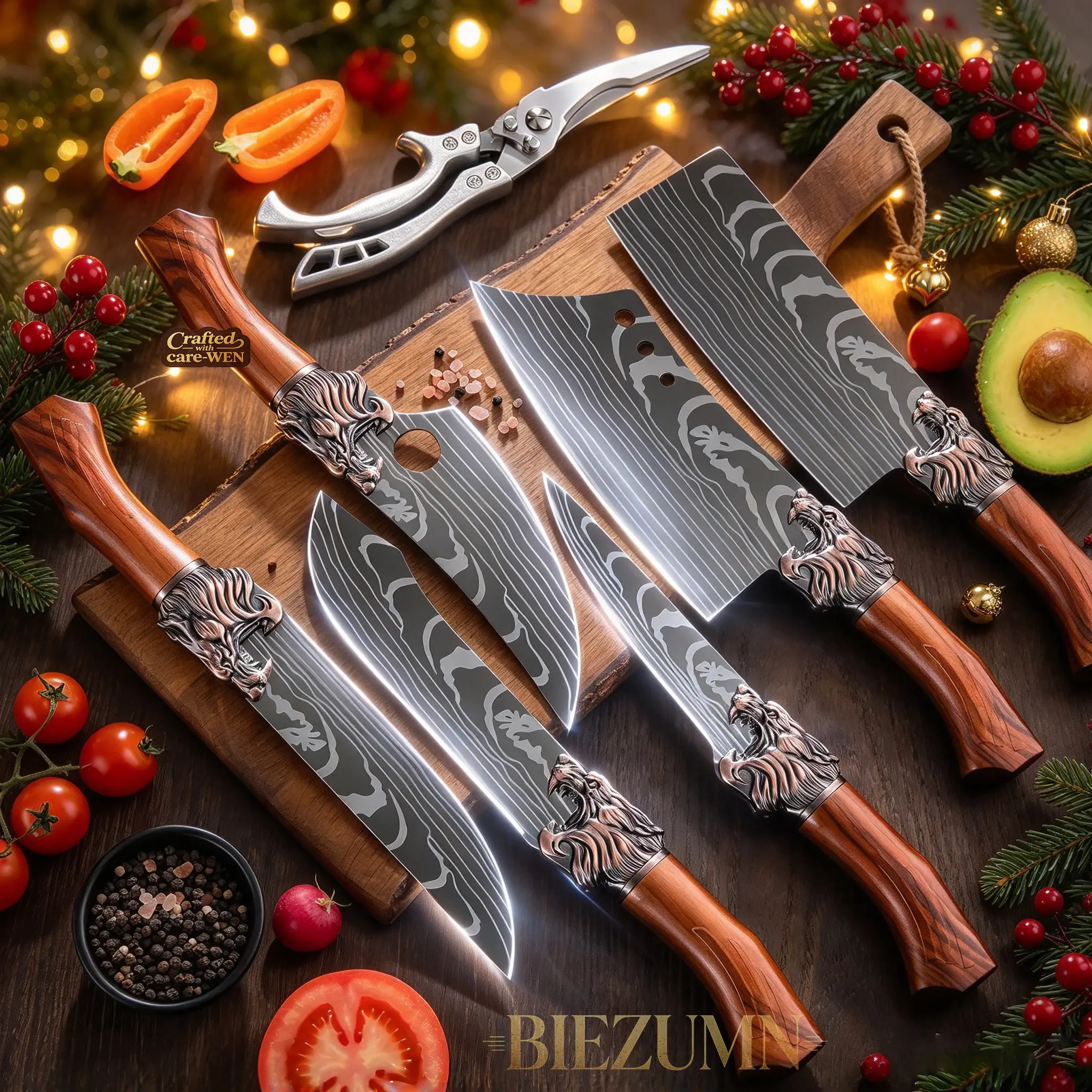 Damascus pattern knife set, 7-piece set, thickened stainless steel blades, ergonomic non-slip handles, premium chef knives for meat and preparation gift kitchen father husband friend