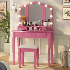 Makeup Vanity Set with LED Mirror Cushioned Stool Modern Makeup Vanity with Trifold Mirror, 3 Drawers, Open Shelves and 2 Small Drawers