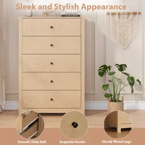 OP-Garvee Modern 5 Drawer Dresser Chest – Tall Wooden Storage Cabinet with Deep Drawers, Metal Knobs, For Bedroom, Living Room, Entryway, Hallway, Kids Room – Natural Oak & Gray Print Girls Vanity Set espresso coffee stand High Table