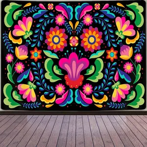 Mexican Tapestry,Colorful Mexico Floral Traditional Aesthetic Hippie Tapestries,Mexican Ornate Ethnic Pastel Flowers Plant Tapestry Wall Hanging for Bedroom Living Room