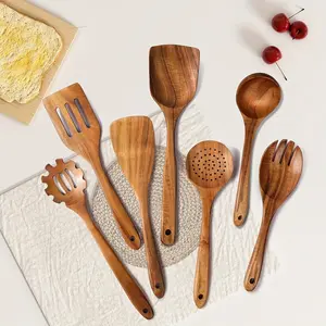 7-Piece Wooden Cooking Utensils Set, Natural Wood Material, Non-Stick Pot Compatibility, Comfortable Grip, Durable, Kitchen Essential, Wooden Spoon, Wooden Spatulas, Original Wood, Kitchenware, Kitchen Tool