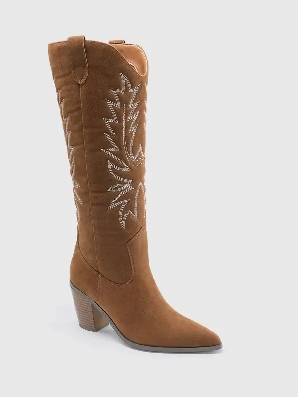 JUST FAB Women's Chunky Knee-High Cowboy Boots, Classic Western 3.35 In Block Heel, Comfortable Bold Design, Anti-Slip Sole, Casual Winter Footwear, Western Elegance, Casual Wear, Tpr Sole, Cowgirl Fashion, Cowboy Aesthetic, Cowgirl And Outlaw Style, Pu