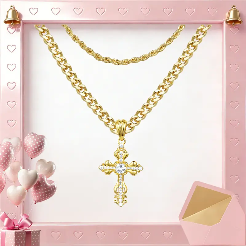 KissYan Layered Cross Necklace Faith Pendant For Men And Women, 14K Gold-Plated Delicate Cubic Zirconia Pendant Necklace, Fashionable Religious & Jewelry For Valentine's Day Gifts
