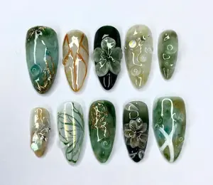 Dark Green Flower 3D Gel Press On Nails, Handmade Y2k 3D Gel Faux Acrylic , Custom Nails, Fake Nails, Prom/Event/Birthday Nails, Luxury Nail